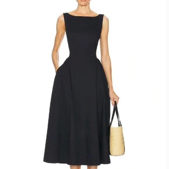 Helsa Stretch Cotton Sateen Midi Dress Black Size Medium - Picture 7 of 12